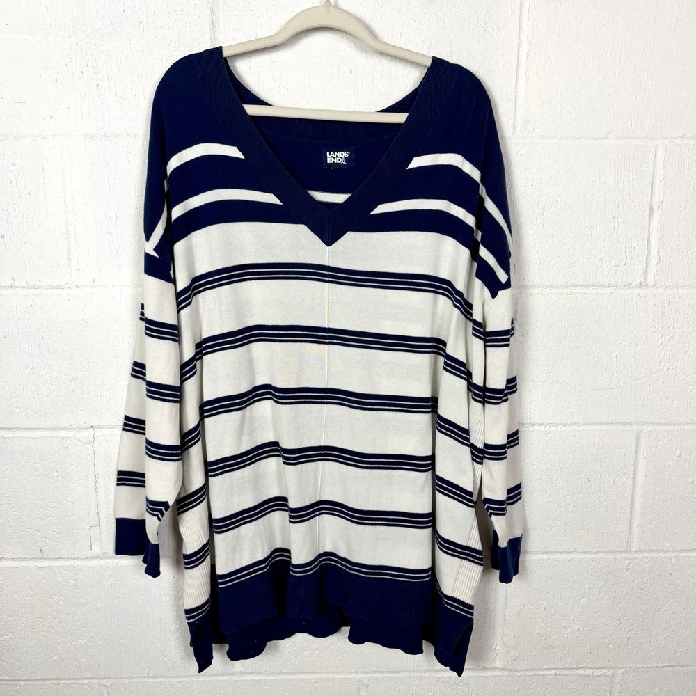 Lands' End Women's Oversized Sweater Plus Size 3X Navy Striped Nautical Preppy